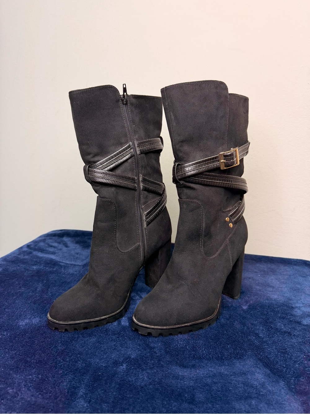 Shoe Dazzle Black Suede-Look Mid-Calf Buckle Heel Boots